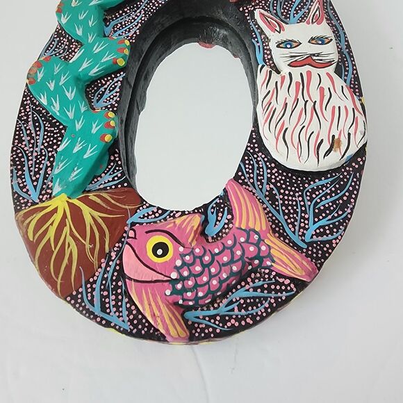 VTG Oaxacan Carved Wood Mirror Frame Oval Handed Paint Fish Cactus Bird Fox 7" - Picture 4 of 14